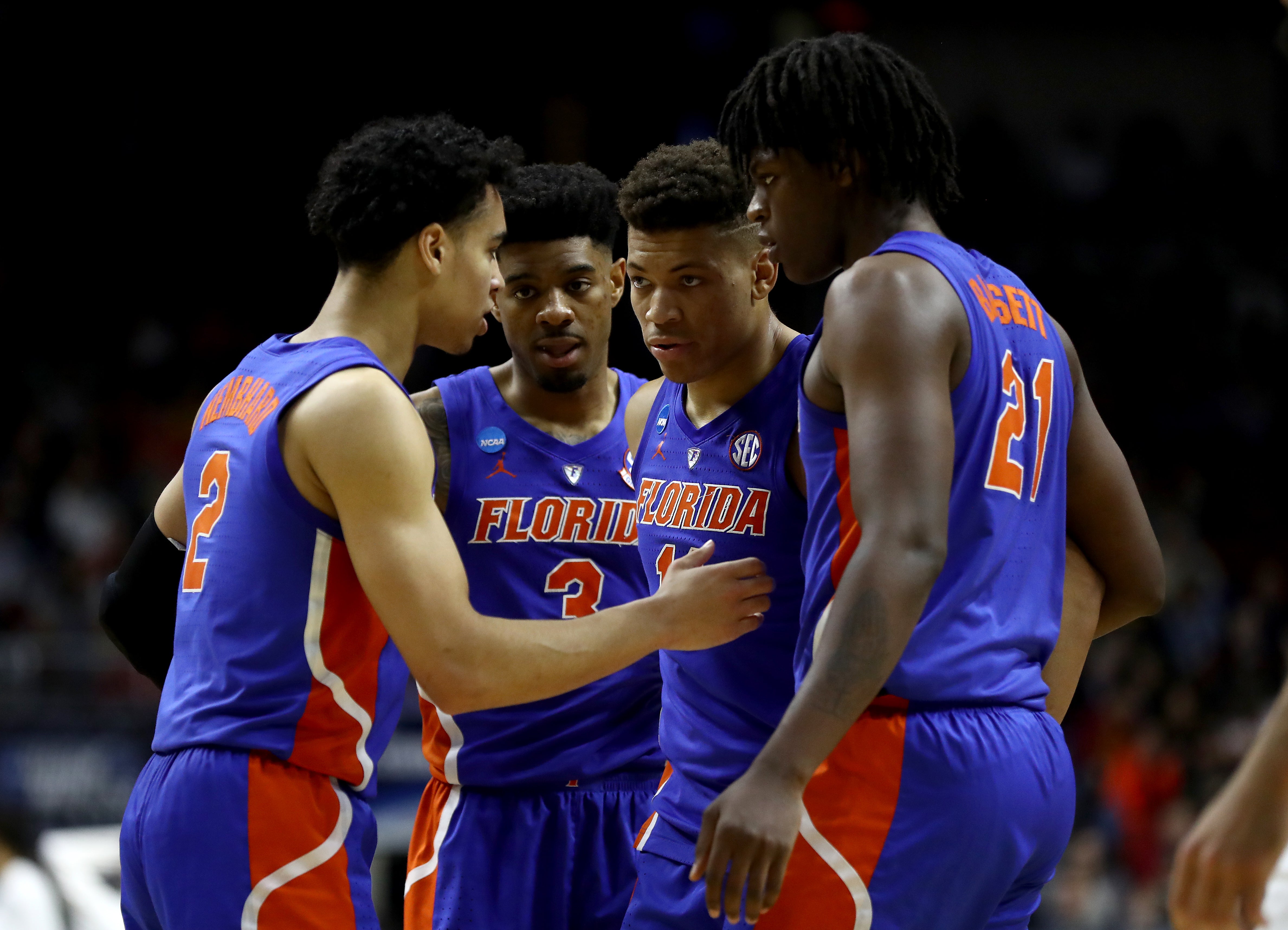 University of Florida basketball star Keyontae Johnson (center-right) collapsed mid-game in December and hasn’t played since.