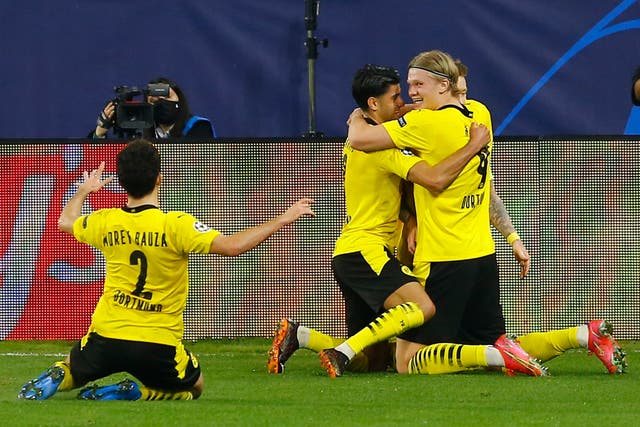 Erling Haaland celebrates with his Dortmund teammates