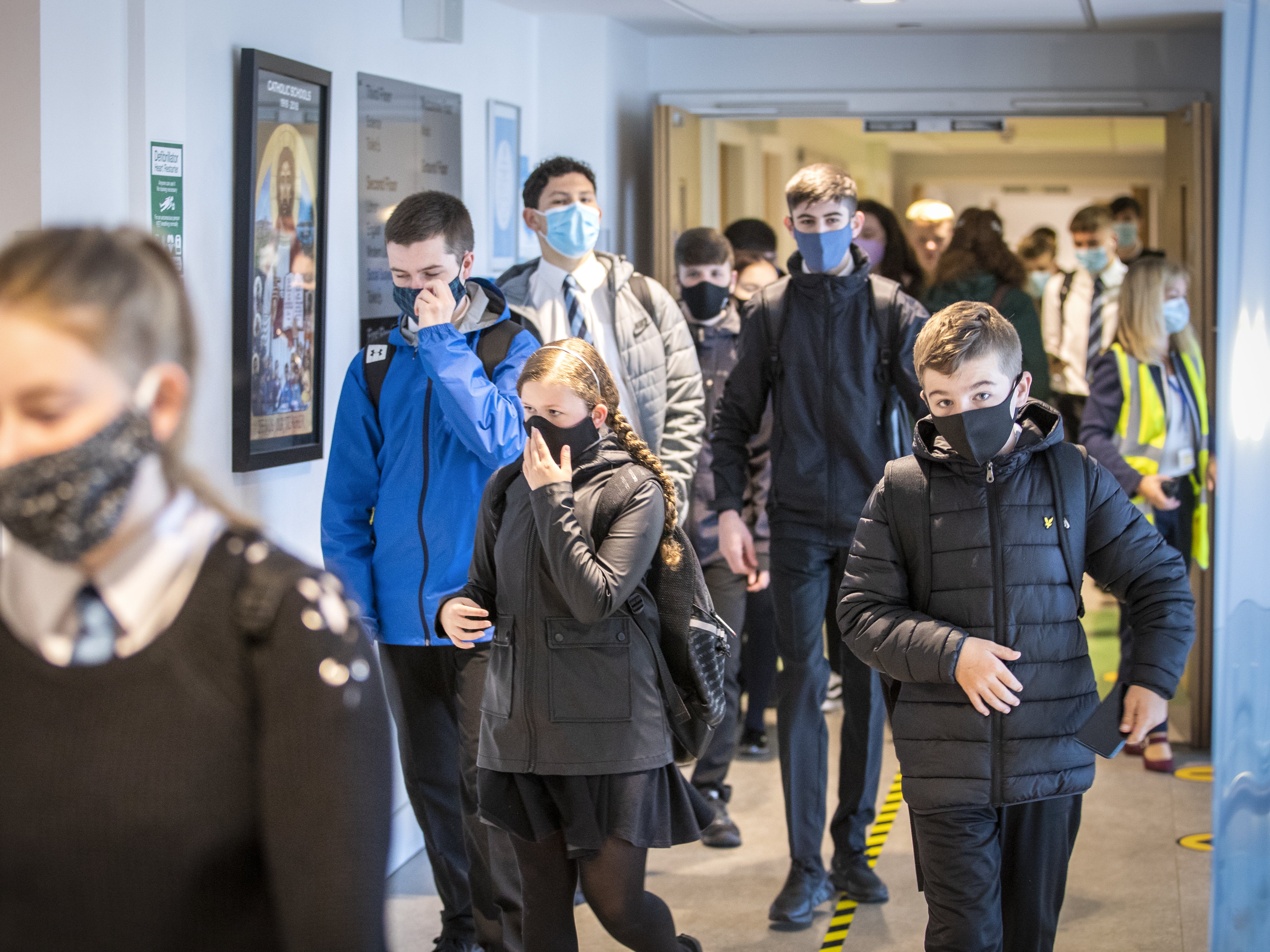 Students at St Columba's High School, Gourock, wear protective face masks as they head to lessons
