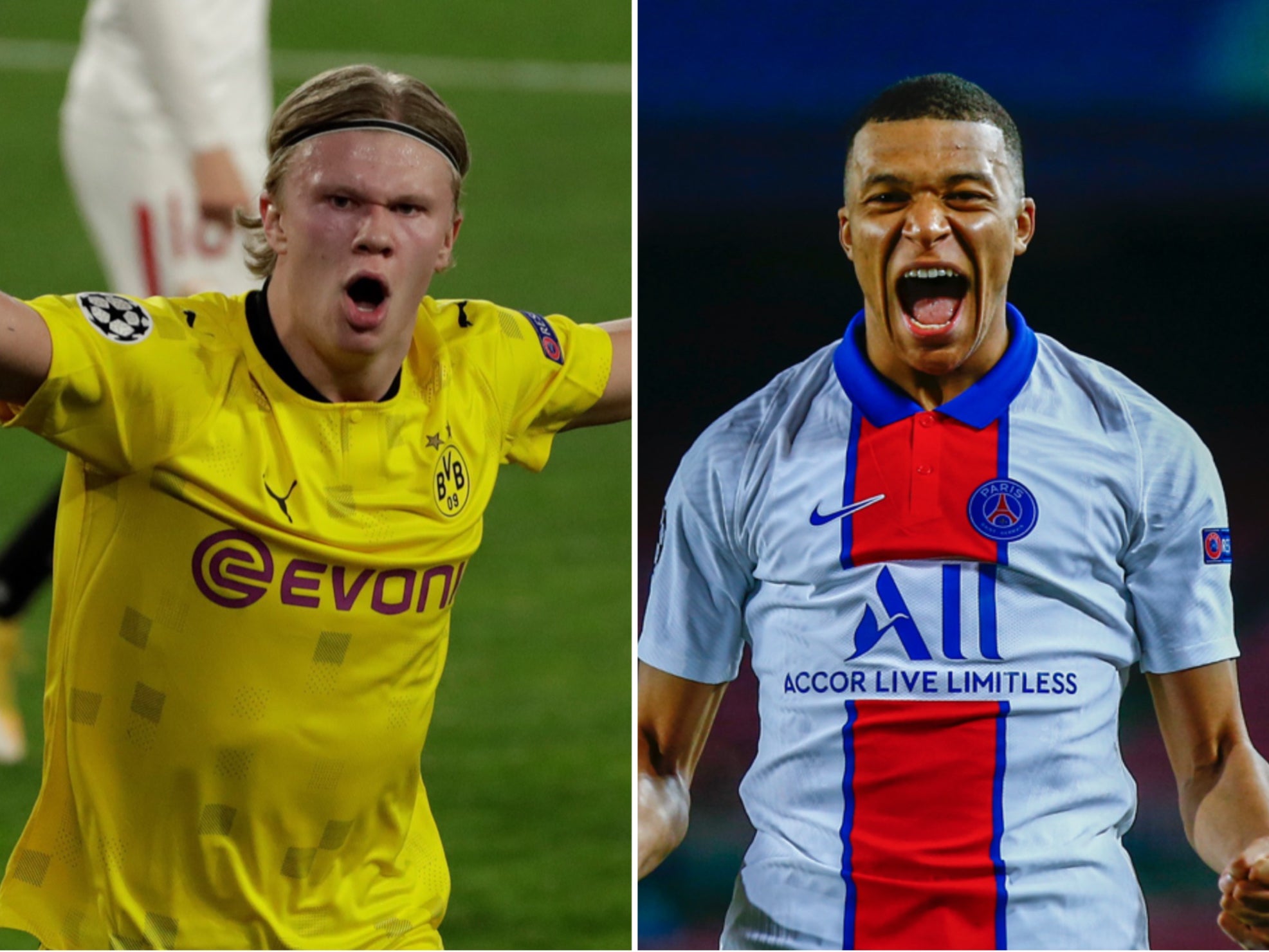 Borussia Dortmund’s Erling Haaland and PSG’s Kylian Mbappe