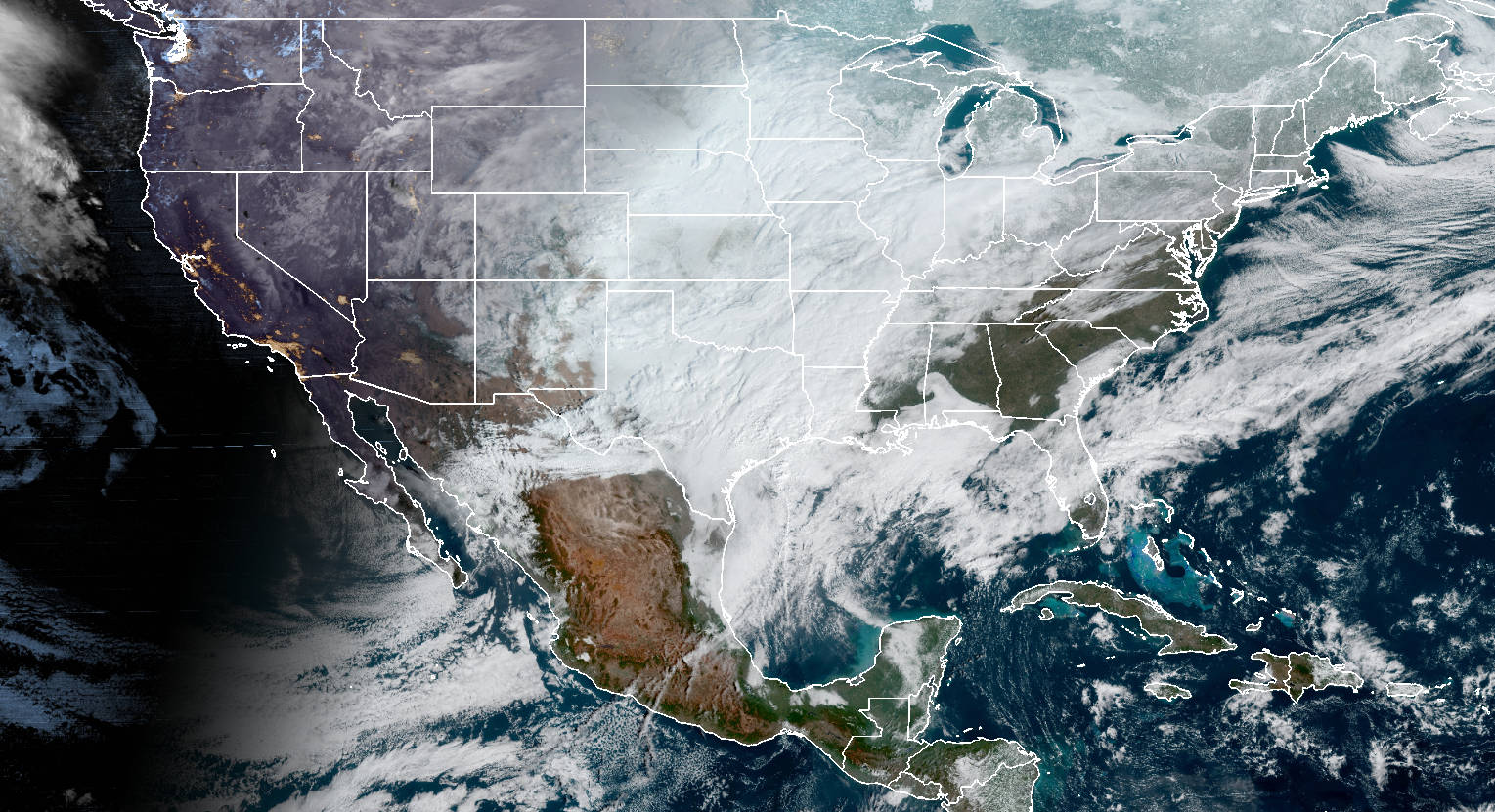 Satellite imagery from Thursday showing almost three quarters of America covered in white, according photos from The National Oceanic Atmosphere Administration (NOAA).
