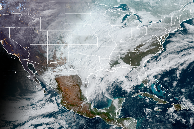 <p>Satellite imagery from Thursday showing almost three quarters of America covered in white, according photos from The National Oceanic Atmosphere Administration (NOAA).</p>