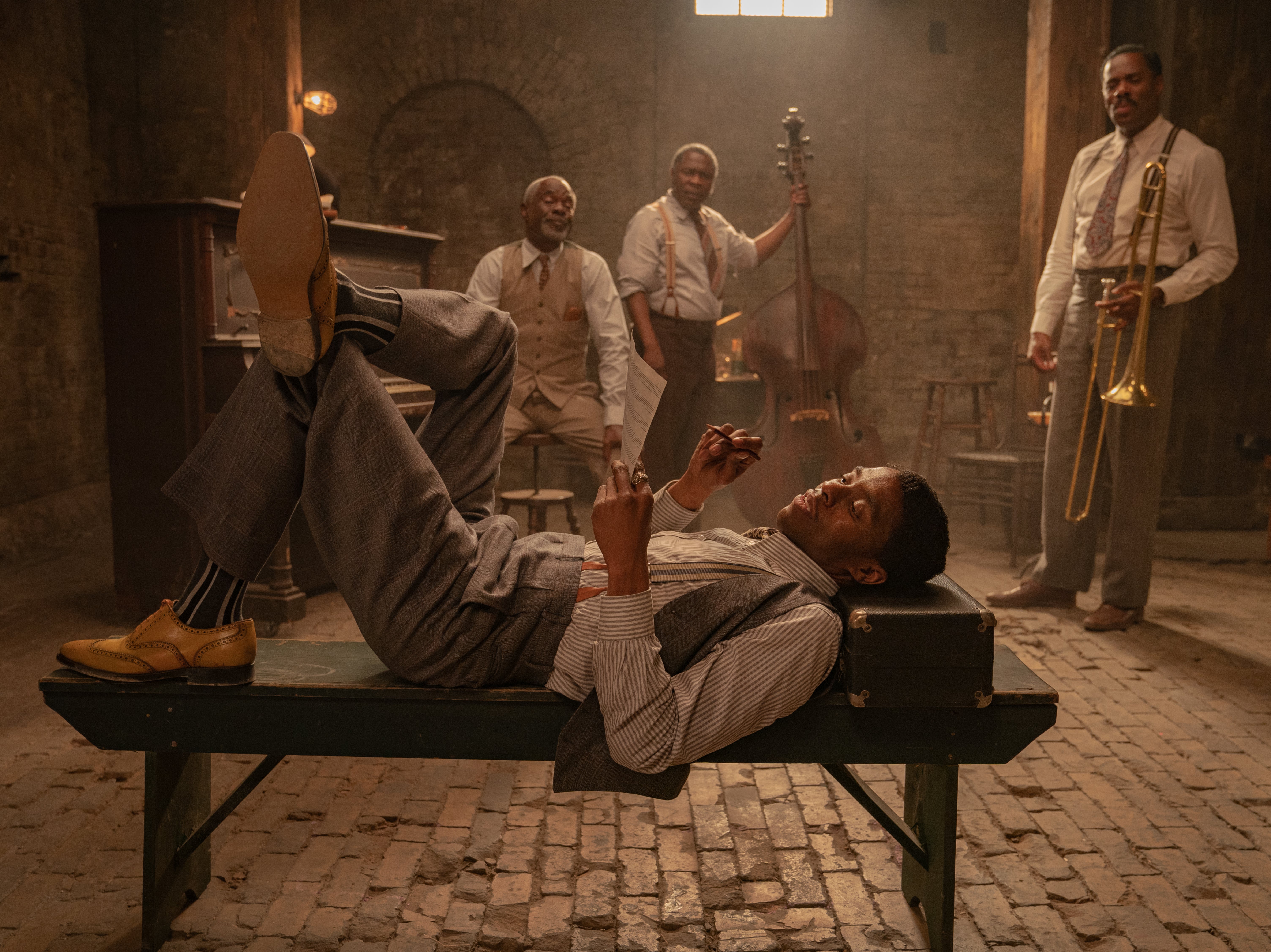 Boseman (foreground) as seen in Ma Rainey’s Black Bottom