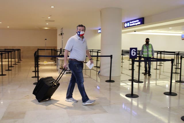 <p>El senador estadounidense Ted Cruz (R-TX) lleva su equipaje en el Aeropuerto Internacional de Cancún antes de abordar su avión de regreso a los Estados Unidos, en Cancún, México, el 18 de febrero de 2021. REUTERS / Stringer </p>