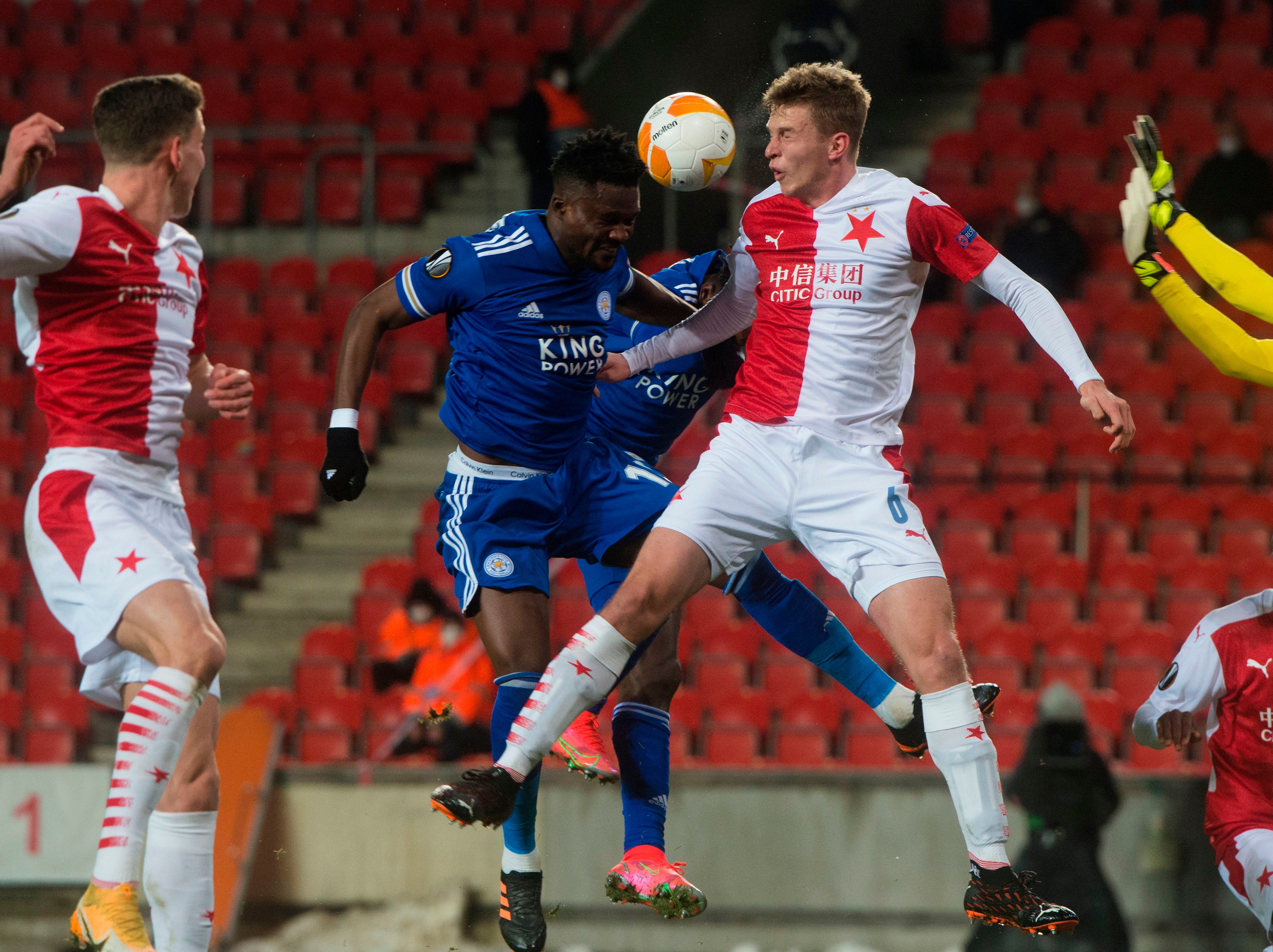 Slavia Prague defender David Zima and Leicester’s Daniel Amartey duel