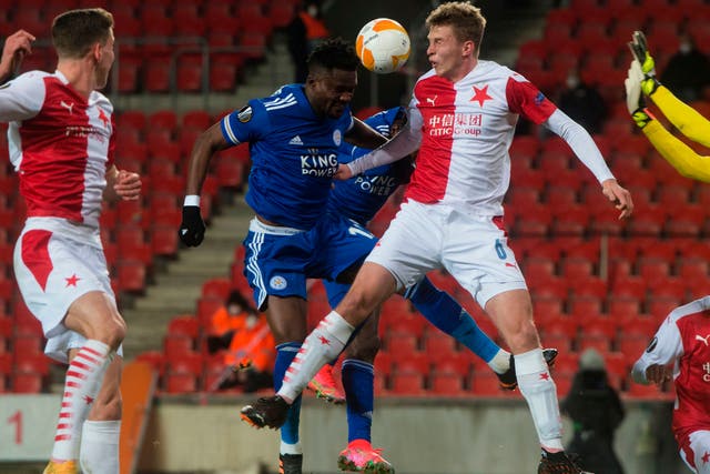 Slavia Prague defender David Zima and Leicester’s Daniel Amartey duel