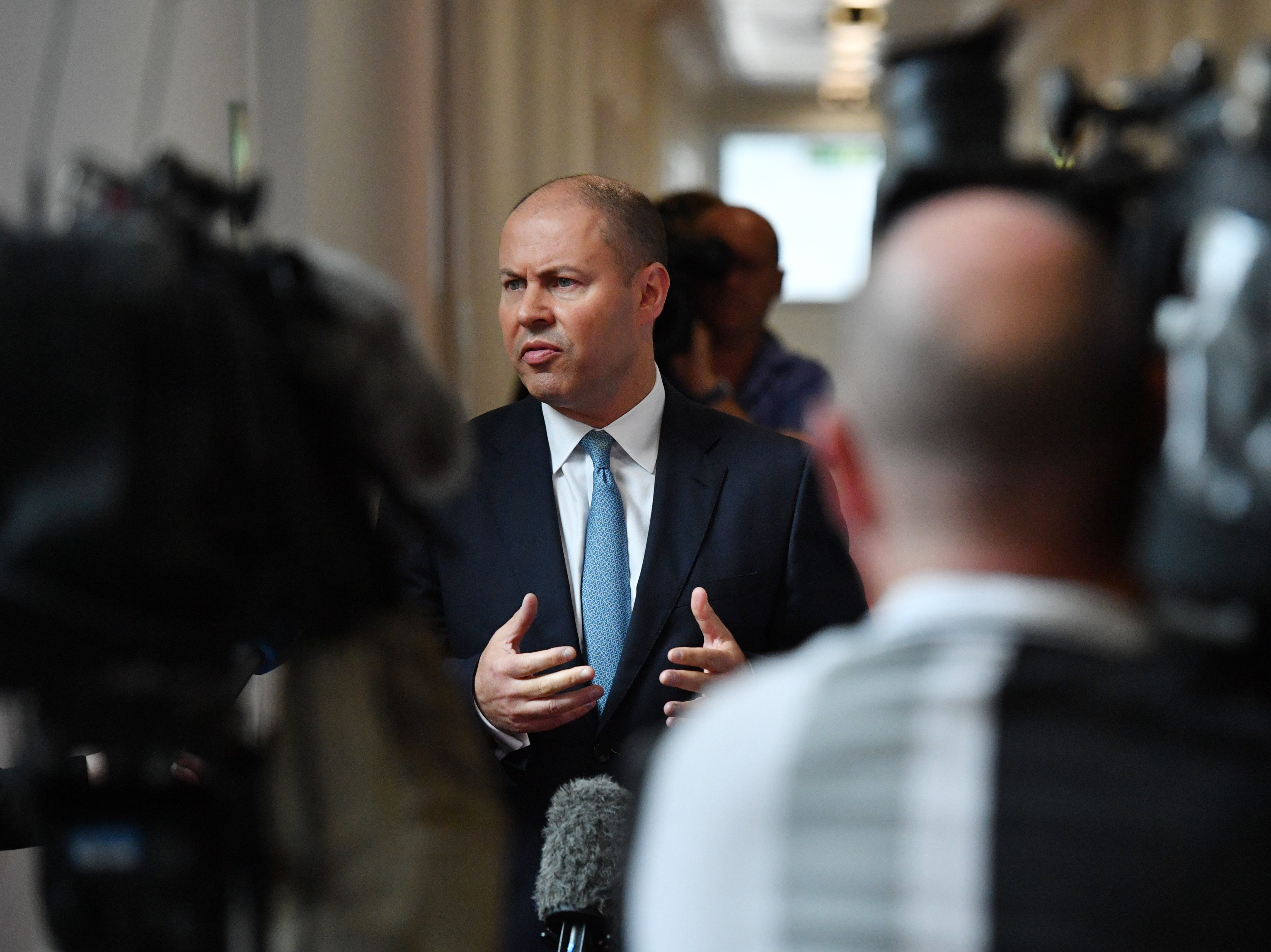 Australian treasurer Josh Frydenberg speaking to the press ahead of continued talks with Facebook chief executive Mark Zuckerberg