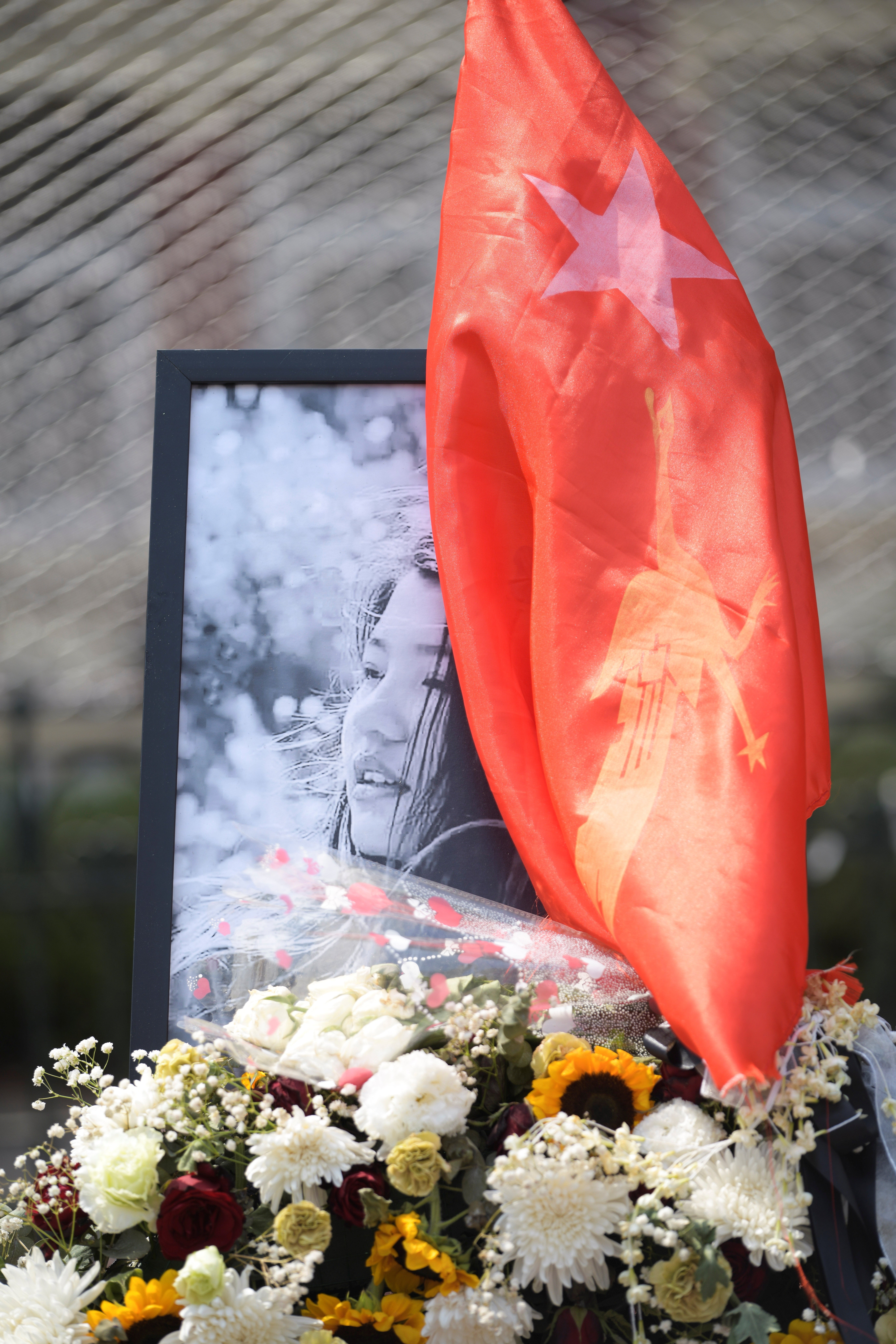 <p>A view of a memorial for Mya Thwate Thwate Khaing, a young protester who was shot in the head in Naypyidaw when police tried to disperse a crowd during protests against the military coup in Yangon</p>