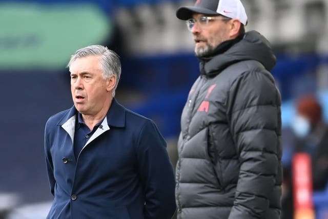 Everton manager Carlo Ancelotti and Liverpool manager Jurgen Klopp