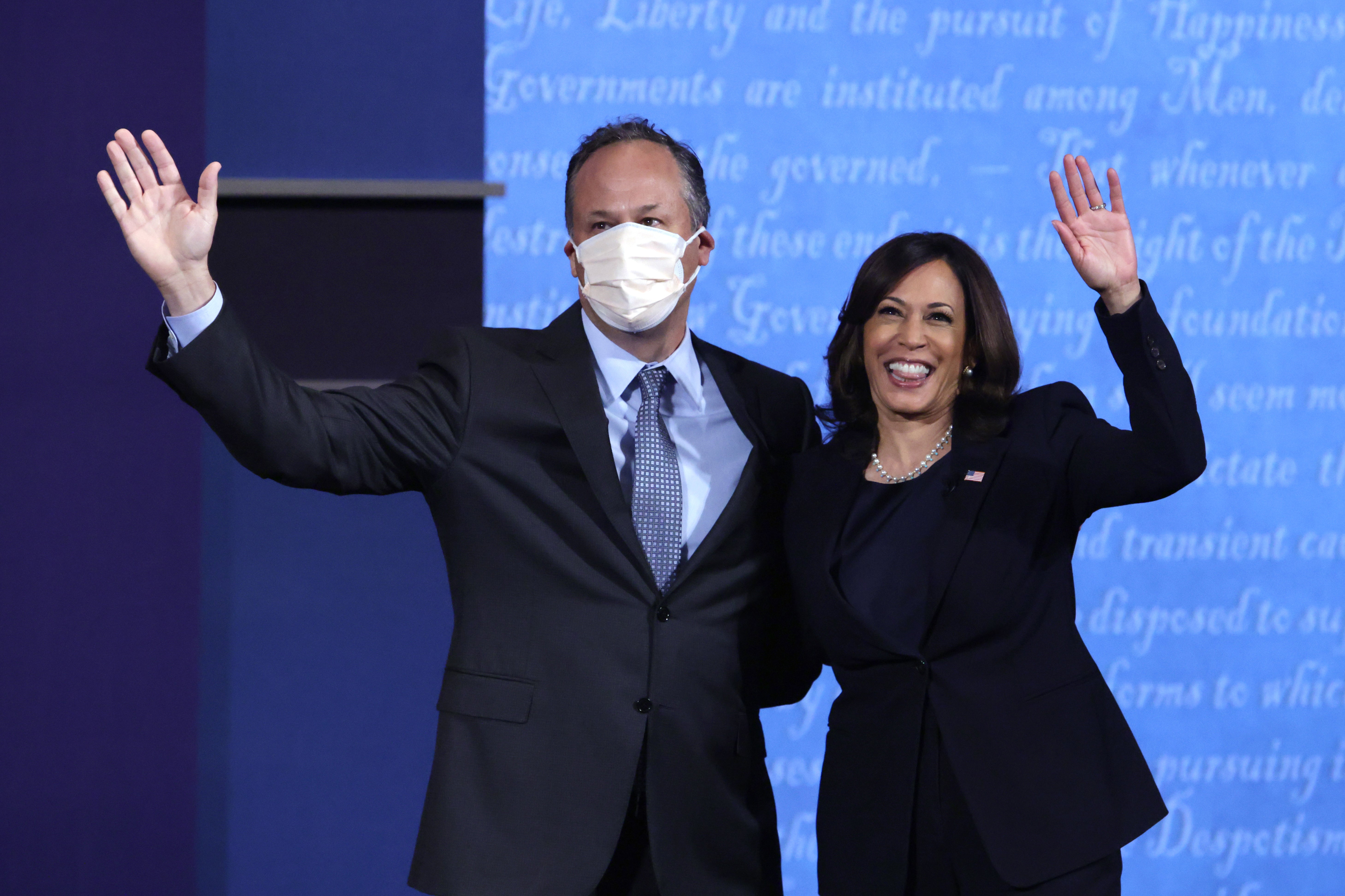 Vice President Kamala Harris pictured with husband Douglas Emhoff after the vice presidential debate against U.S. Vice President Mike Pence at the University of Utah on October 7, 2020