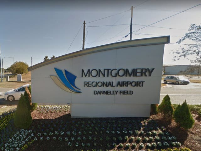 <p>Sign outside of Montgomery Regional Airport, close to where a military jet crashed on Friday 19 February 2021</p>