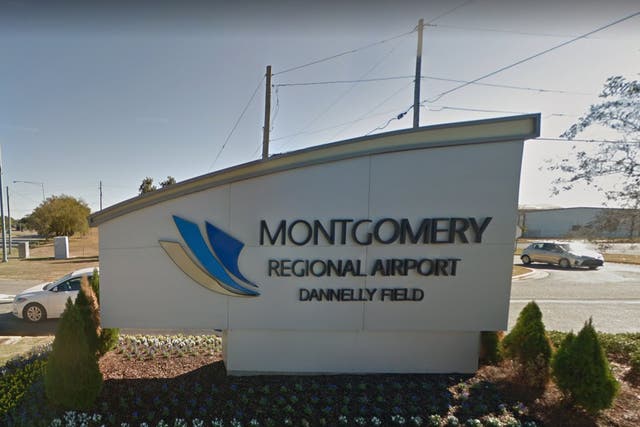 <p>Sign outside of Montgomery Regional Airport, close to where a military jet crashed on Friday 19 February 2021</p>