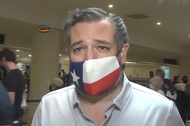 <p>In this image from video, Sen. Ted Cruz, walks to check in for his flight back to the US, at Cancun International Airport in Cancun, Mexico, on Thursday 18 February 2021</p>