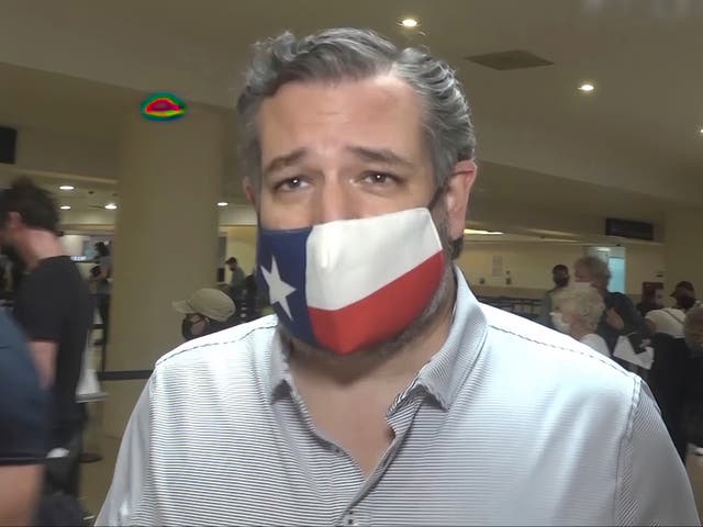 <p>In this image from video, Sen. Ted Cruz, walks to check in for his flight back to the US, at Cancun International Airport in Cancun, Mexico, on Thursday 18 February 2021</p>