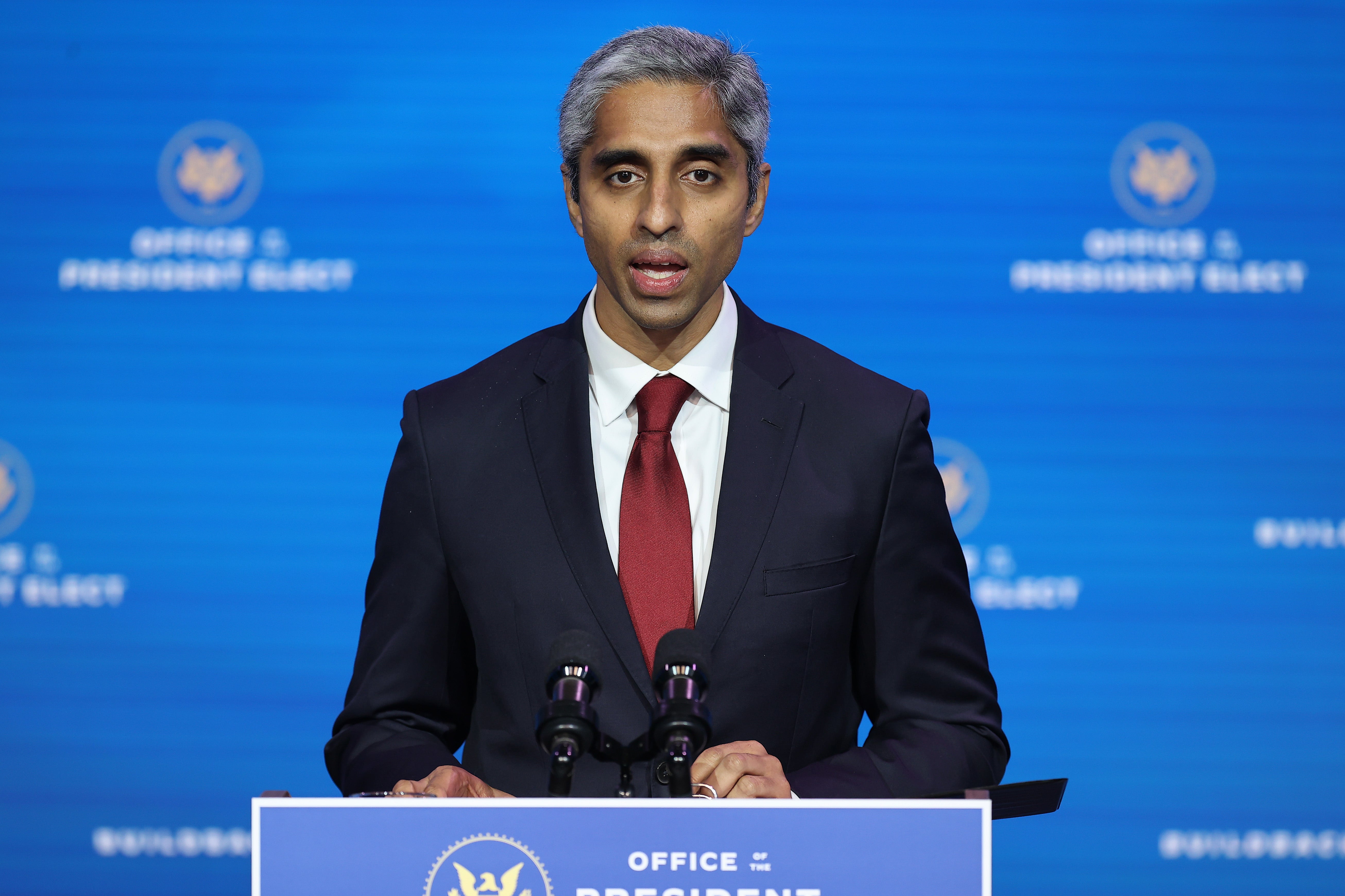 Surgeon General Vivek Murthy speaks at a news conference on 8 December 2020
