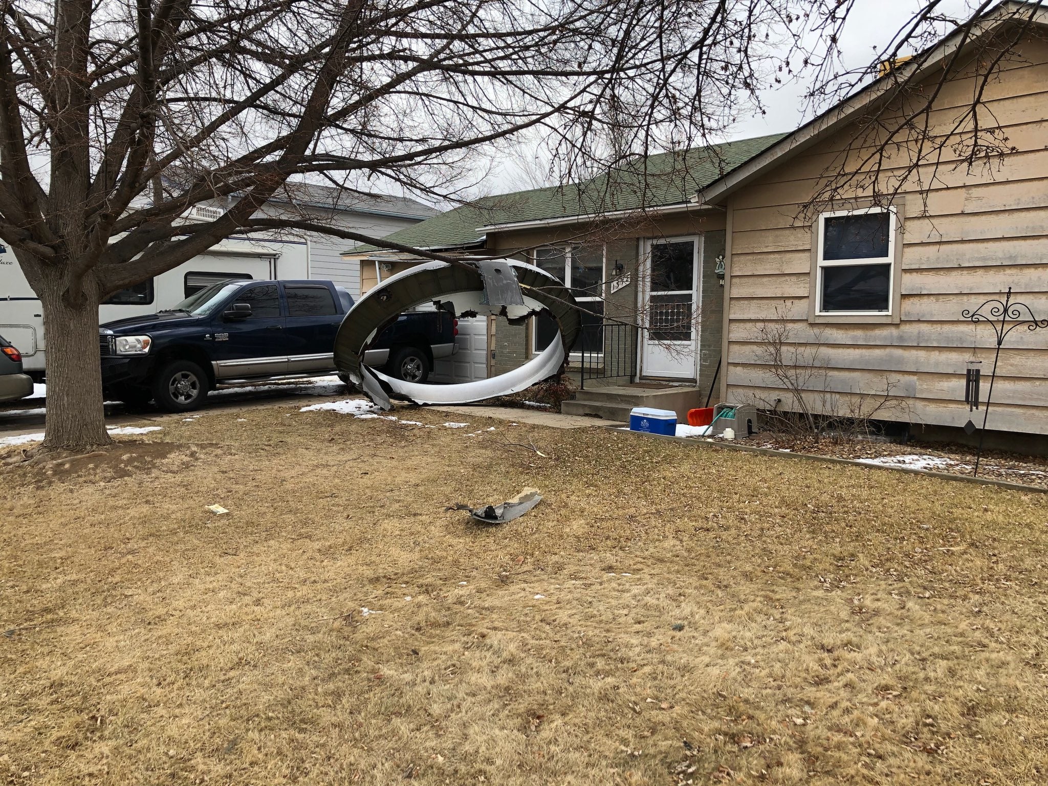 Residents of Broomfield, Colorado, reported plane debris in their yard after an airplane experienced engine difficulties