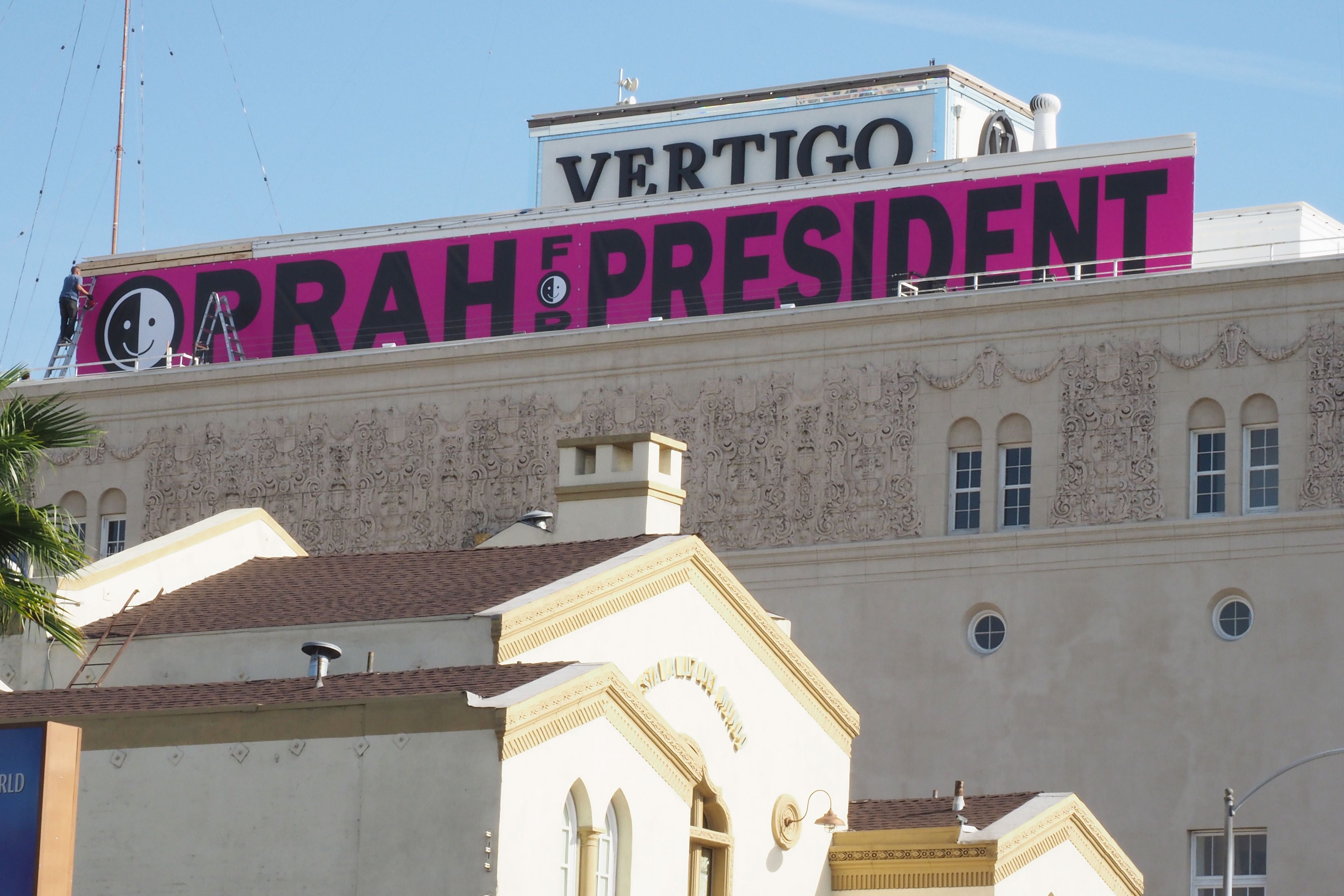 A sign in downtown LA reads ‘Oprah for president’