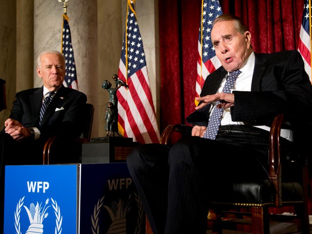 <p>former Senate majority leader Bob Dole, right, speaks after being presented with the McGovern-Dole Leadership Award by then vice president Joe Biden, left, to honour his leadership in the fight against hunger, during the 12th Annual George McGovern Leadership Award Ceremony hosted by World Food Program USA, on Capitol Hill in Washington, DC</p>