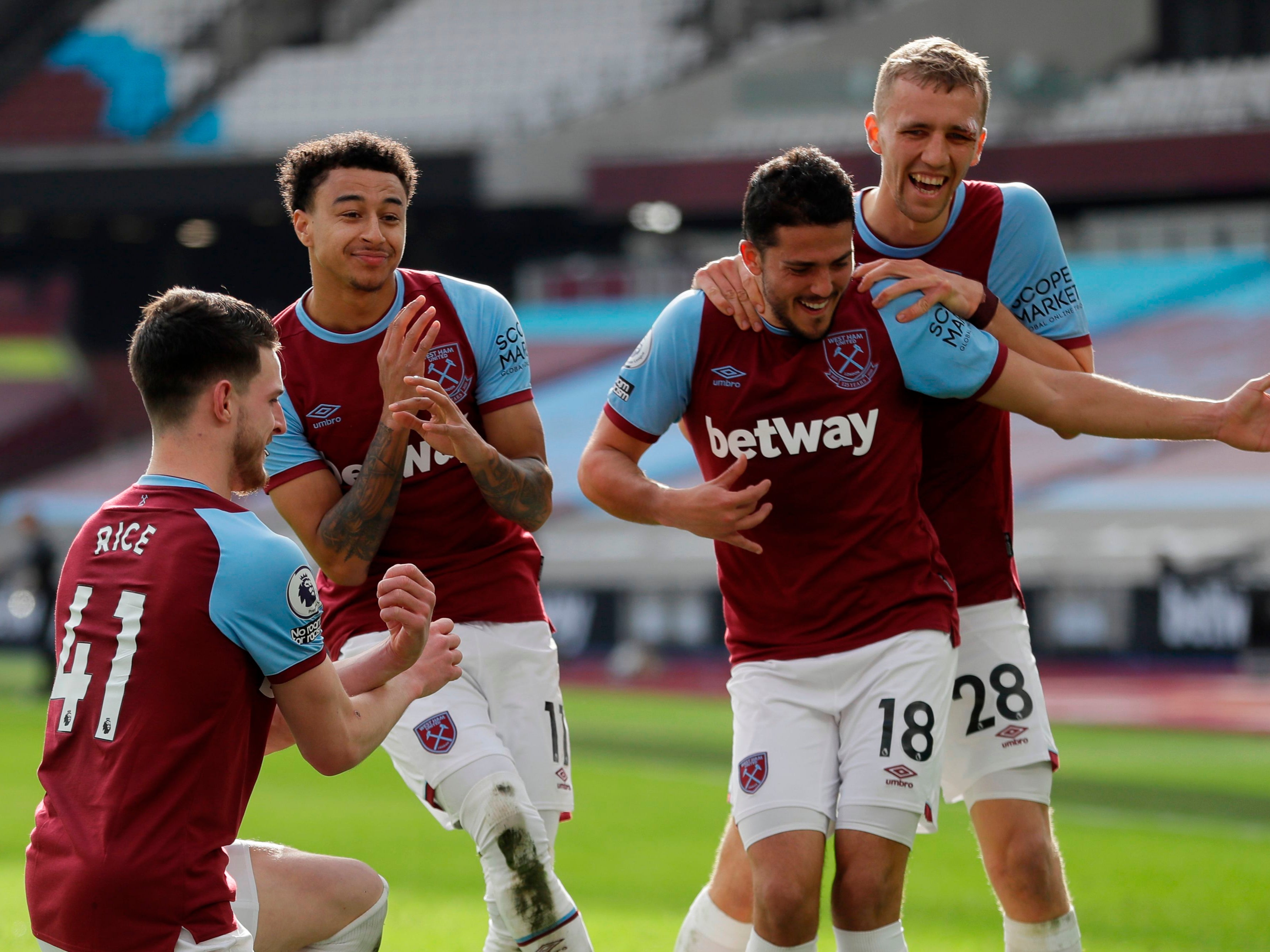 West Ham players celebrate Jesse Lingard’s (second left) goal