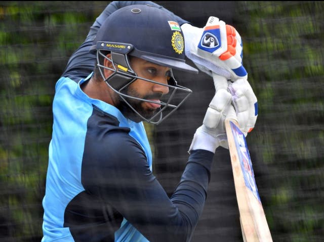 <p>Rohit Sharma trains in the nets</p>