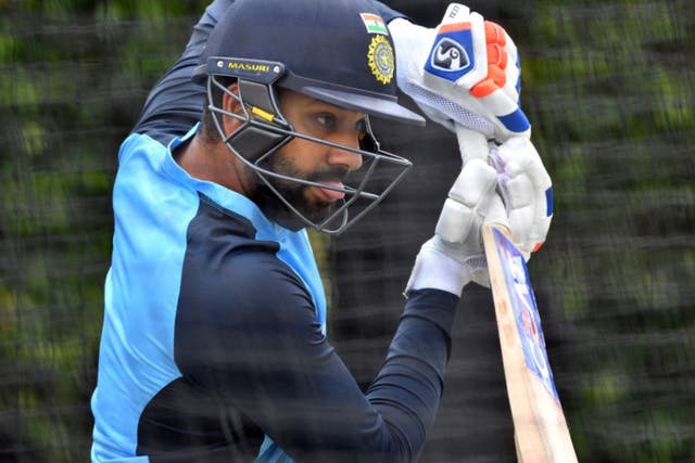 <p>Rohit Sharma trains in the nets</p>