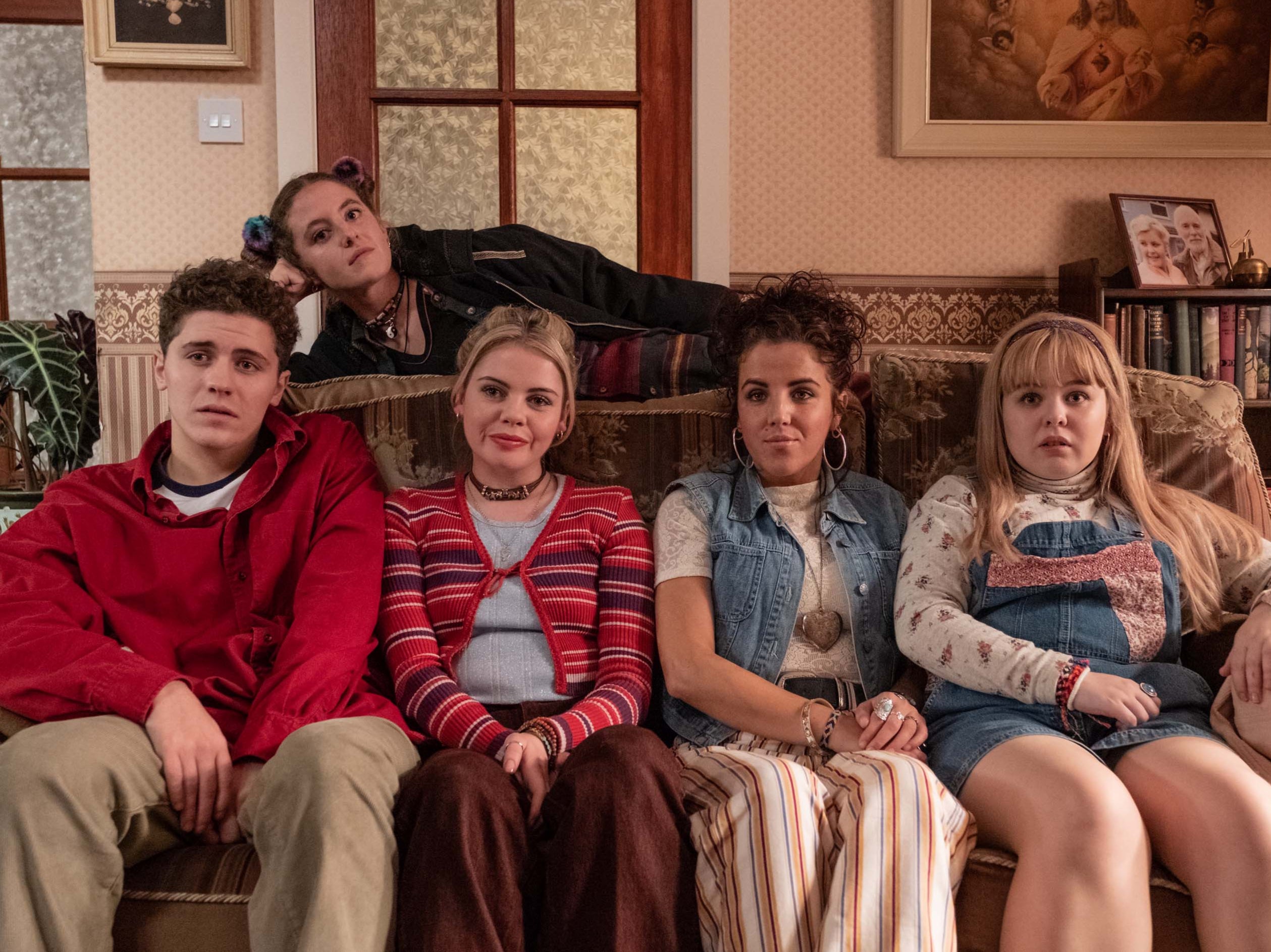 Clockwise from top left: Louisa Clare Harland, Dylan Llewellyn, Nicola Coughlan, O’Donnell, Saoirse Monica-Jackson, Dylan Llewellyn in ‘Derry Girls’