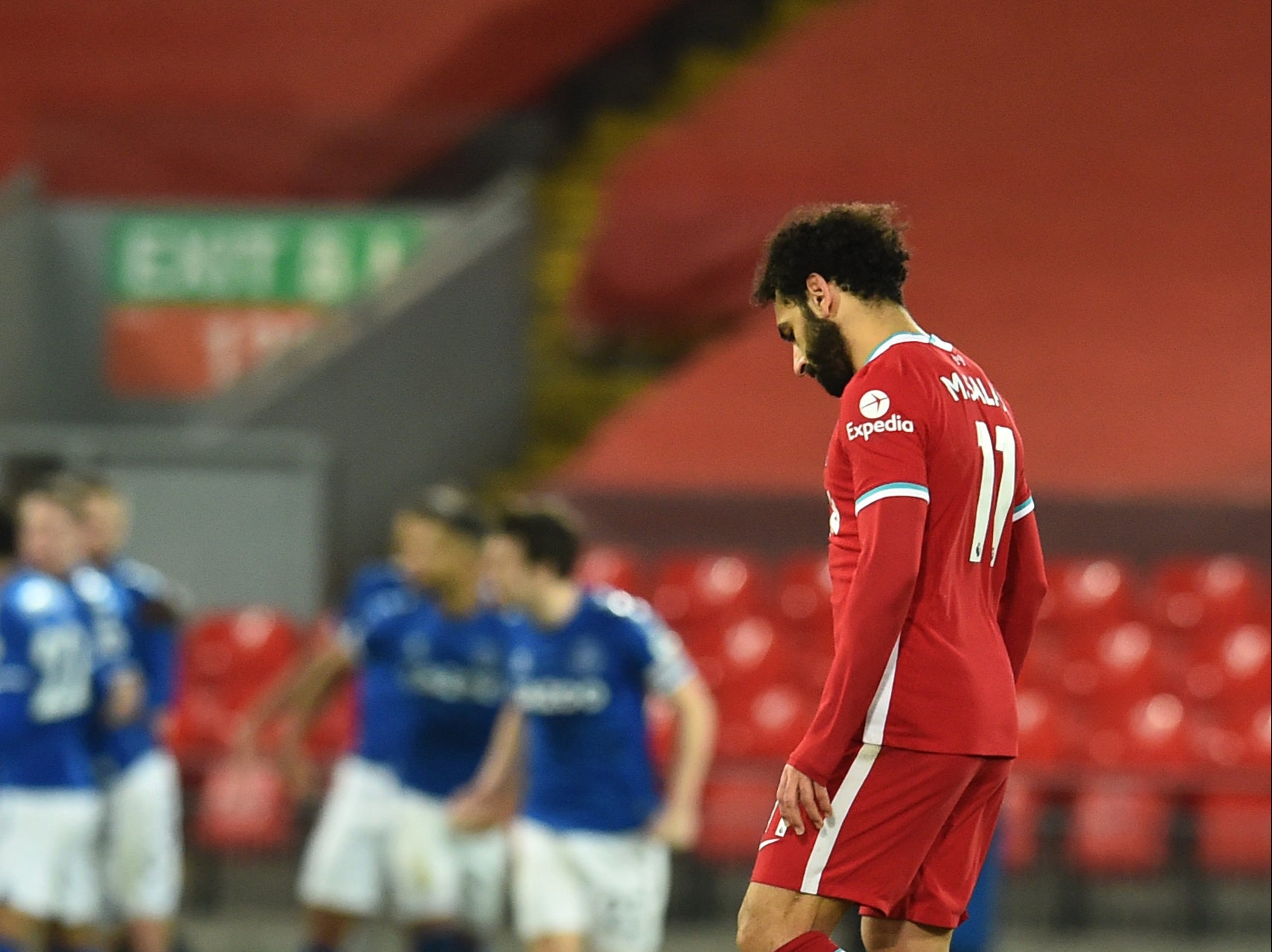 Mohamed Salah during Liverpool’s derby defeat by Everton