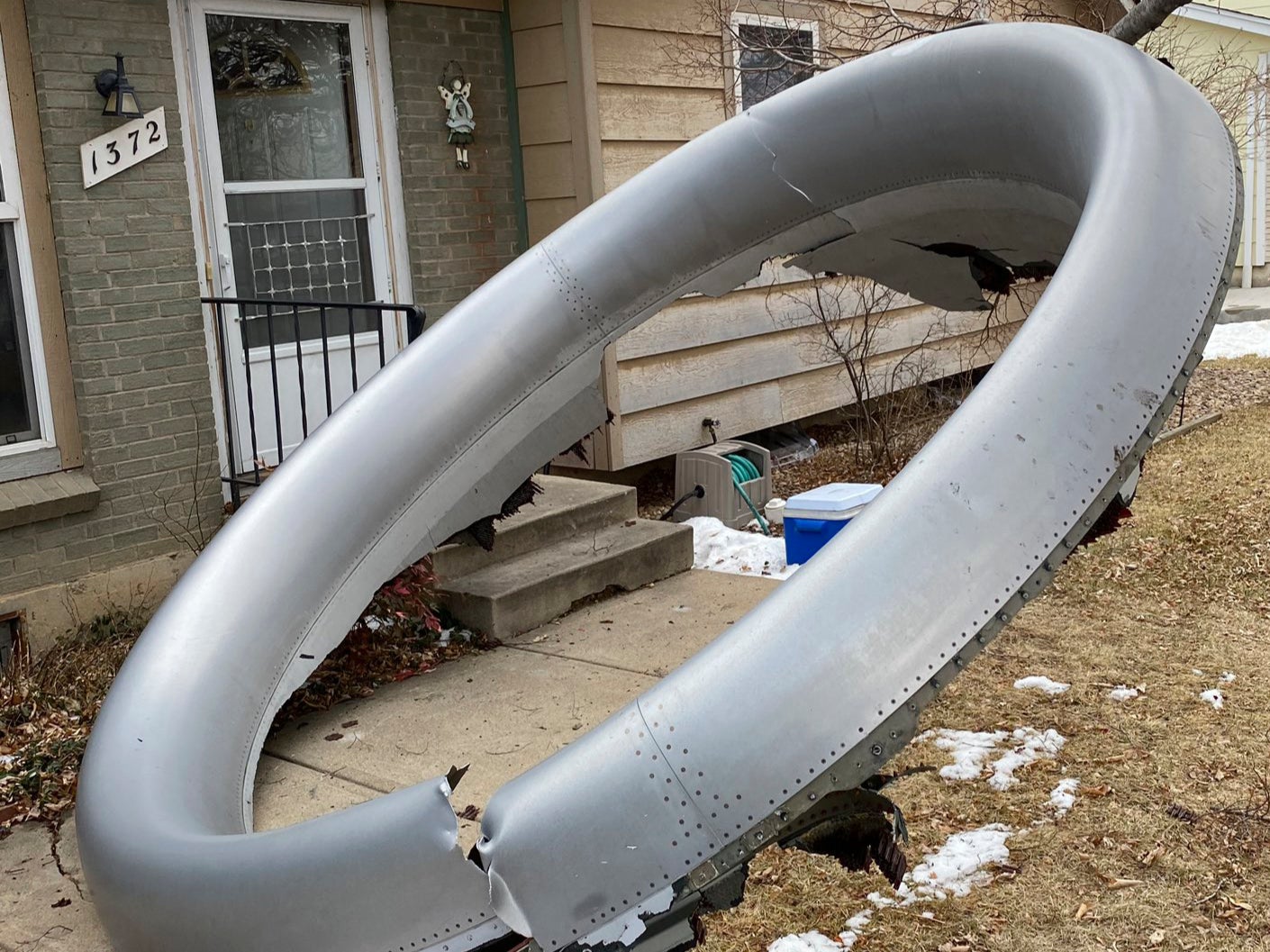 Circle trip: part of the engine from a United Airlines Boeing 777 in the suburb of Broomfield, Colorado