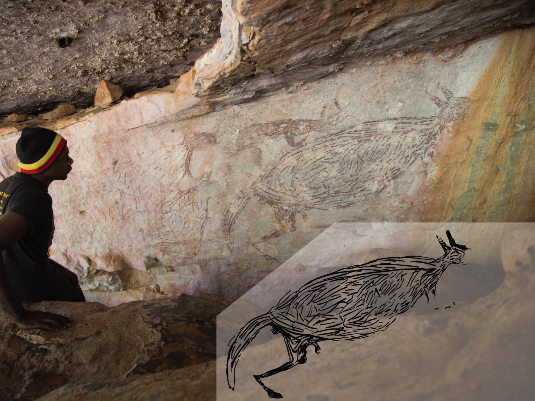 Traditional owner Ian Waina inspecting the Naturalistic painting. The inset is an illustration of the painting