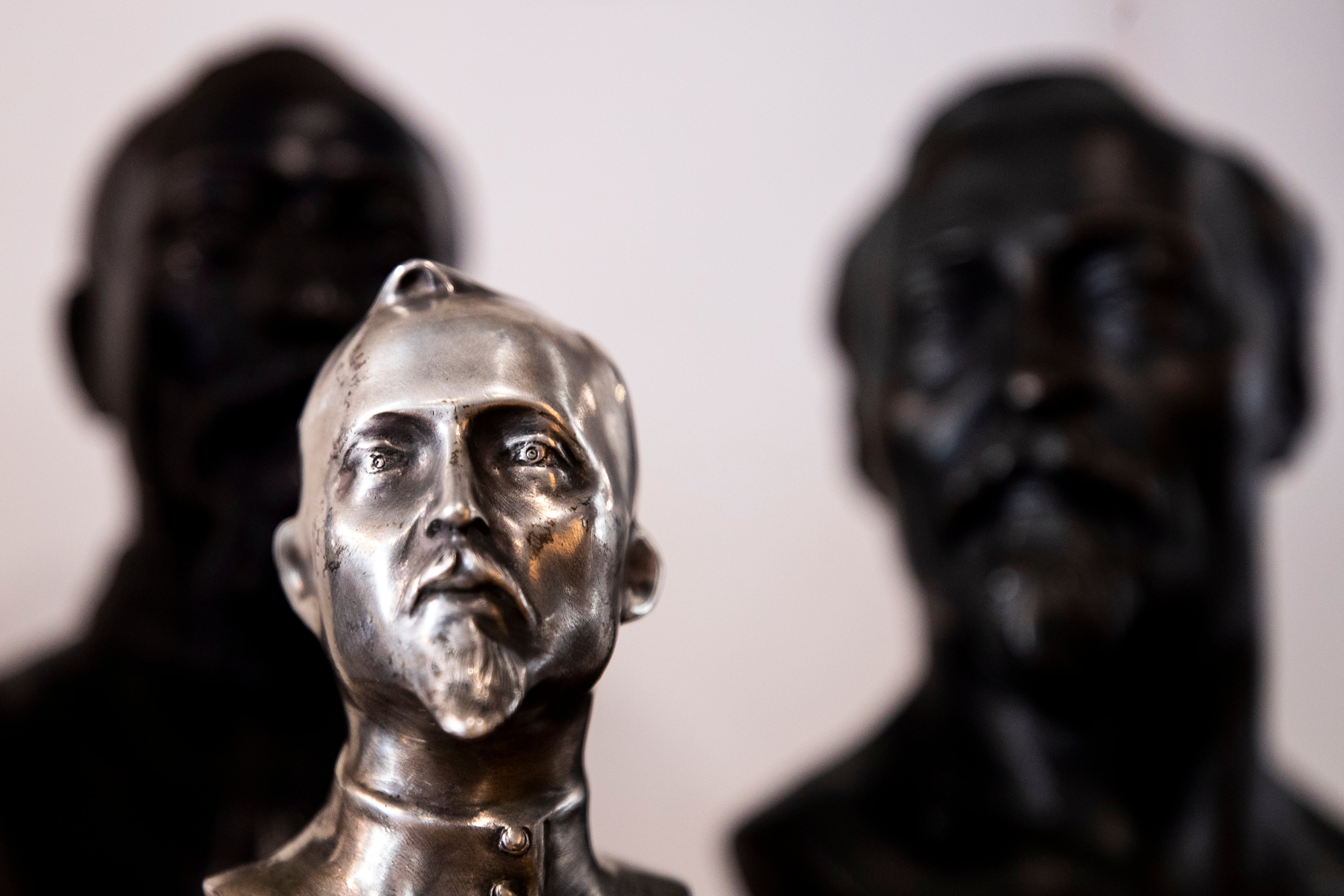 Sculptures of Dzerzhinsky on display before being auctioned, among hundreds of Cold War relics from the KGB Espionage Museum, at Julien’s Auctions in Beverly Hills, California, earlier this month