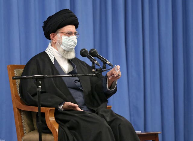 <p>Iran’s supreme leader Ayatollah Ali Khamenei at Monday’s meeting with senior regime officials</p>