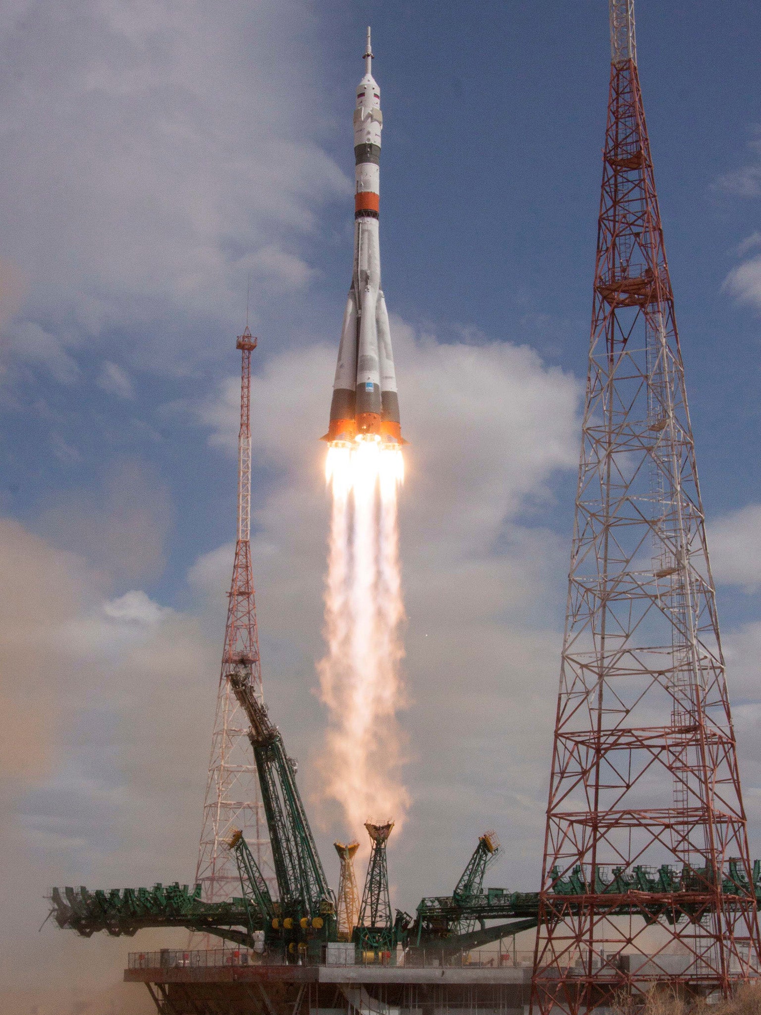 A Russian rocket booster with the Soyuz MS-16 space ship carrying a new crew to the International Space Station in April 2020