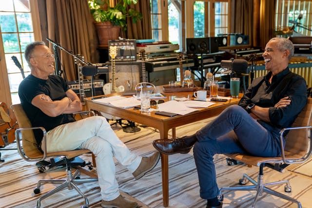 <p>Rock and roll legend Bruce Springsteen and Barack Obama during podcast</p>