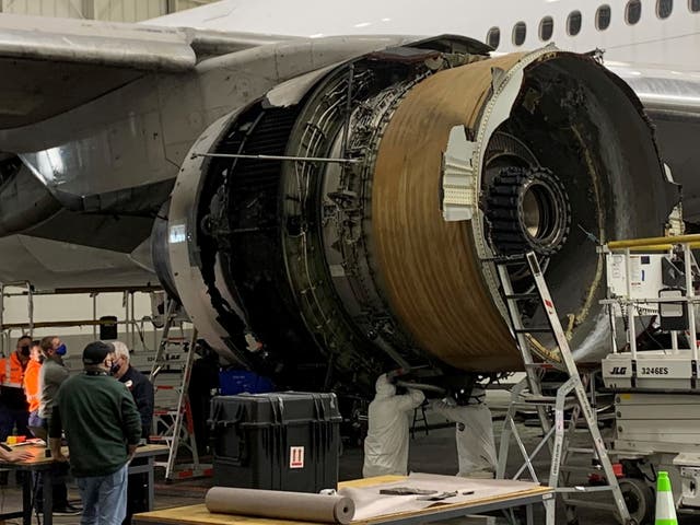 <p>The damaged starboard engine of United Airlines flight 328, a Boeing 777-200, is seen following a February 20 engine failure incident, in a hangar at Denver International Airport in Denver, Colorado, on 22 February 2021</p>