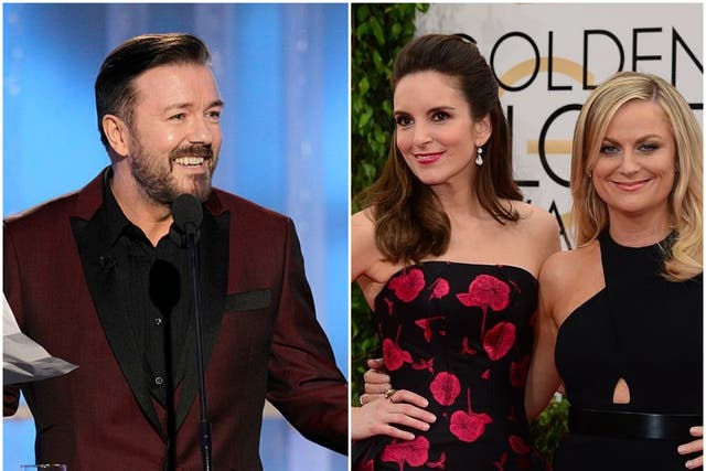 Ricky Gervais hosts the 2012 Golden Globes, and Tina Fey and Amy Poehler on the Globes red carpet in 2014