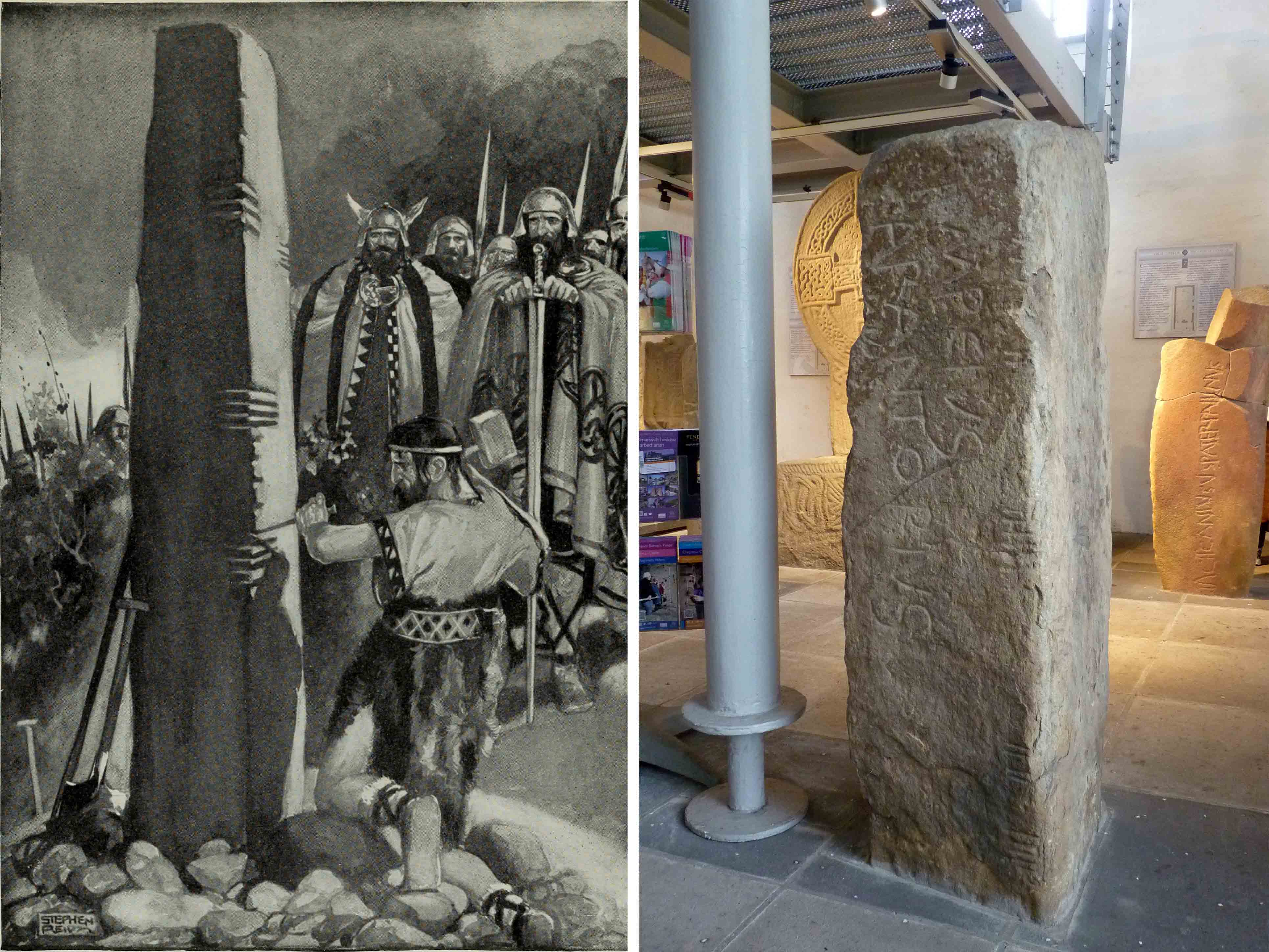 L: New archaeological research is discrediting the long-held traditional view that the hundreds of Dark Age Celtic memorial stones (including ogham-inscribed ones like this) were erected to commemorate heroic warriors or other mainly secular prominent figures. But now a fresh analysis of the evidence suggests that they were saints – not warlords. R: This stone, in Margam Stones Museum, South Wales, has inscriptions in Latin and ogham scripts – and commemorates two men - a Welshman called Pumpeius son of Carantorius and an Irishman called Rolacun son of Illuna.