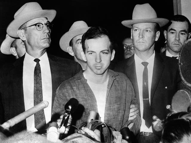<p>US President John F Kennedy’s murderer Lee Harvey Oswald during a press conference after his arrest in Dallas</p>