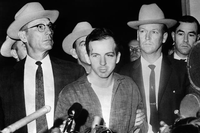 <p>US President John F Kennedy’s murderer Lee Harvey Oswald during a press conference after his arrest in Dallas</p>