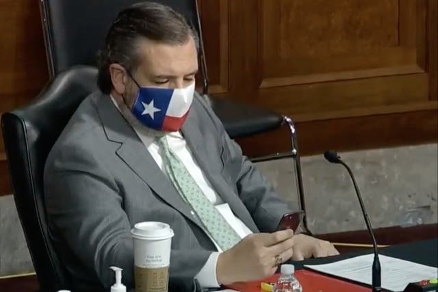<p>Ted Cruz on his phone during the Senate Homeland Security and Rules committees hearings on the Capitol riots</p>