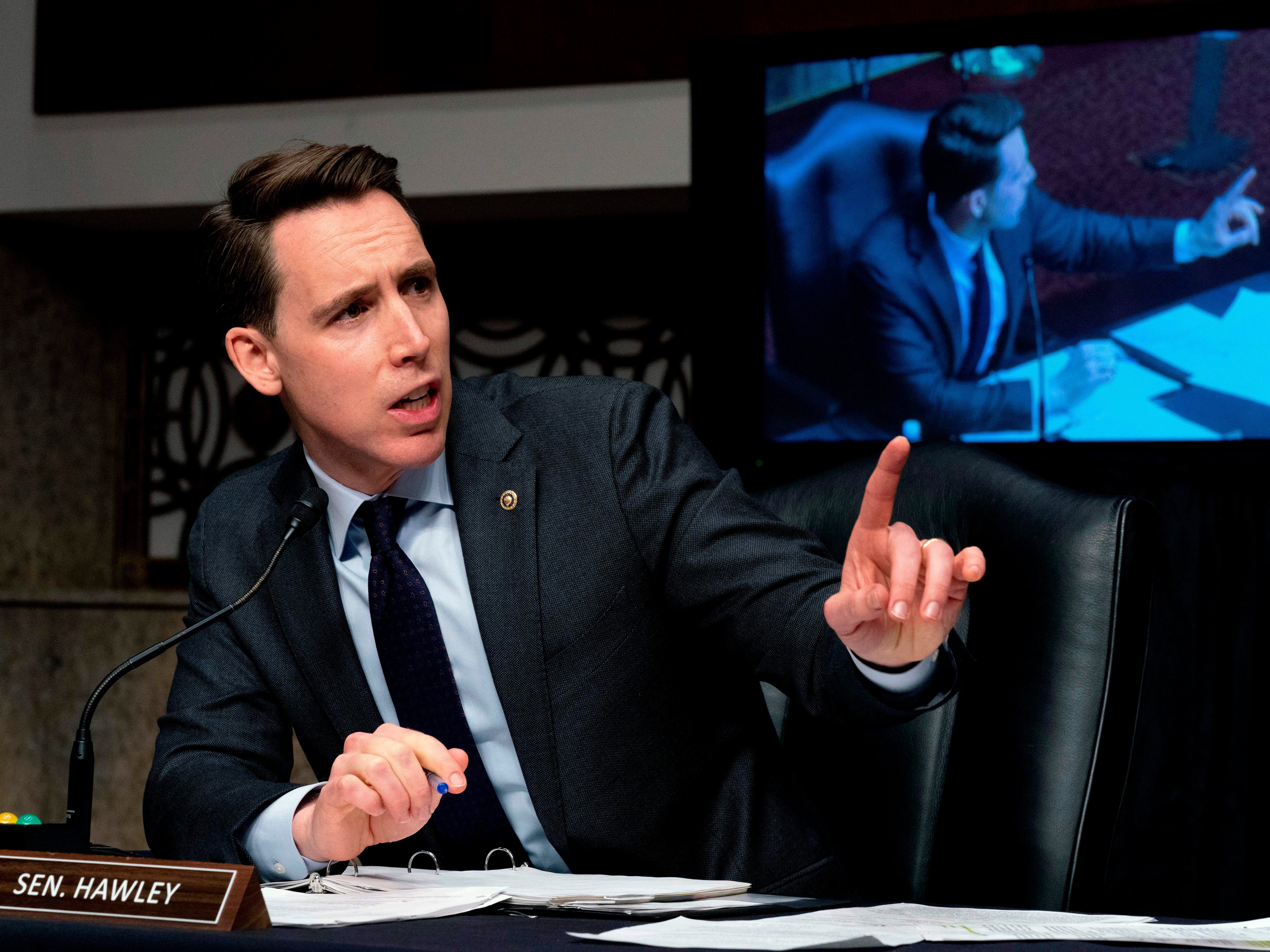 Josh Hawley speaks at a Senate hearing on Capitol Hill on February 23, 2021.