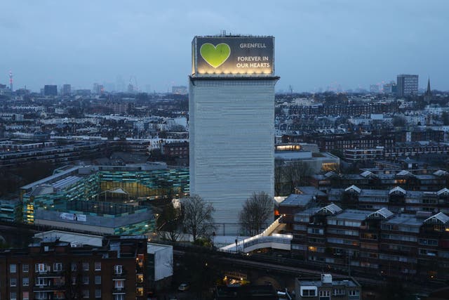 <p>A view of Grenfell Tower, where a severe fire killed 72 people in June 2017.</p>