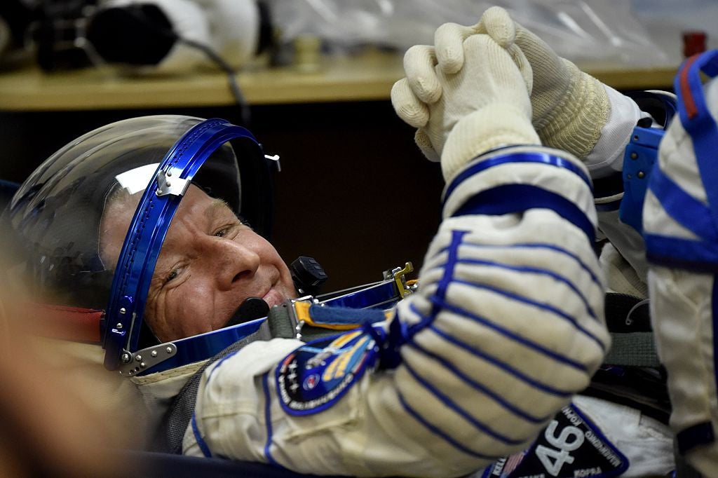 Astronaut Tim Peake in his space suit prior to blasting off to the International Space Station in 2015