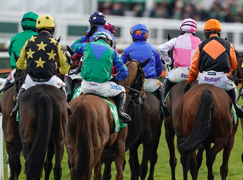 A general view of riders at the Cheltenham Festival