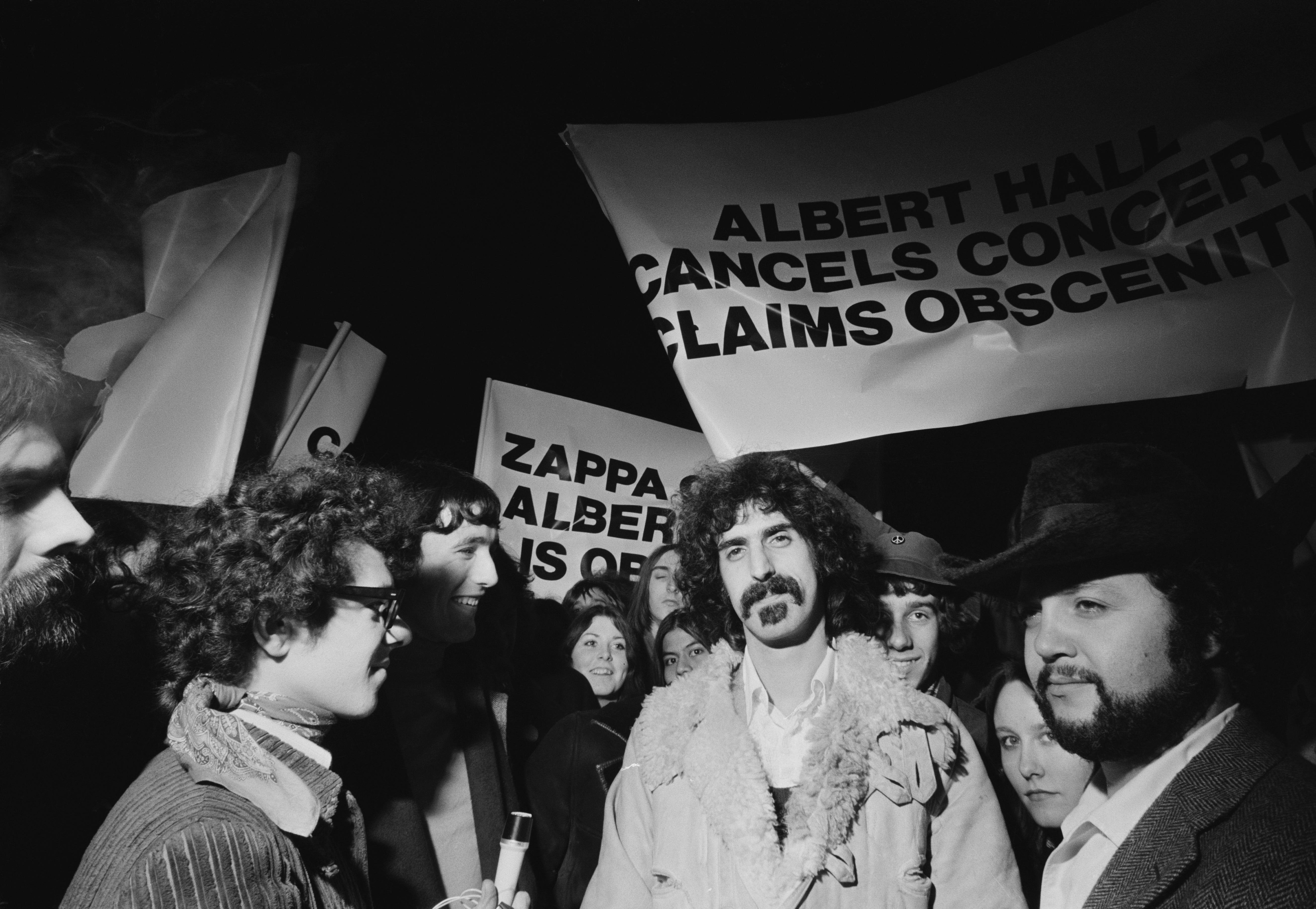 Zappa outside the Royal Albert Hall, where a musical performance of his film '200 Motels' with the Mothers of Invention was cancelled at short notice