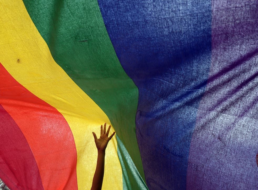 <p>File Image: An Indian sexual minority community member gestures over a rainbow flag while participating in a Rainbow Pride Walk in Kolkata on 7 July 2013</p>