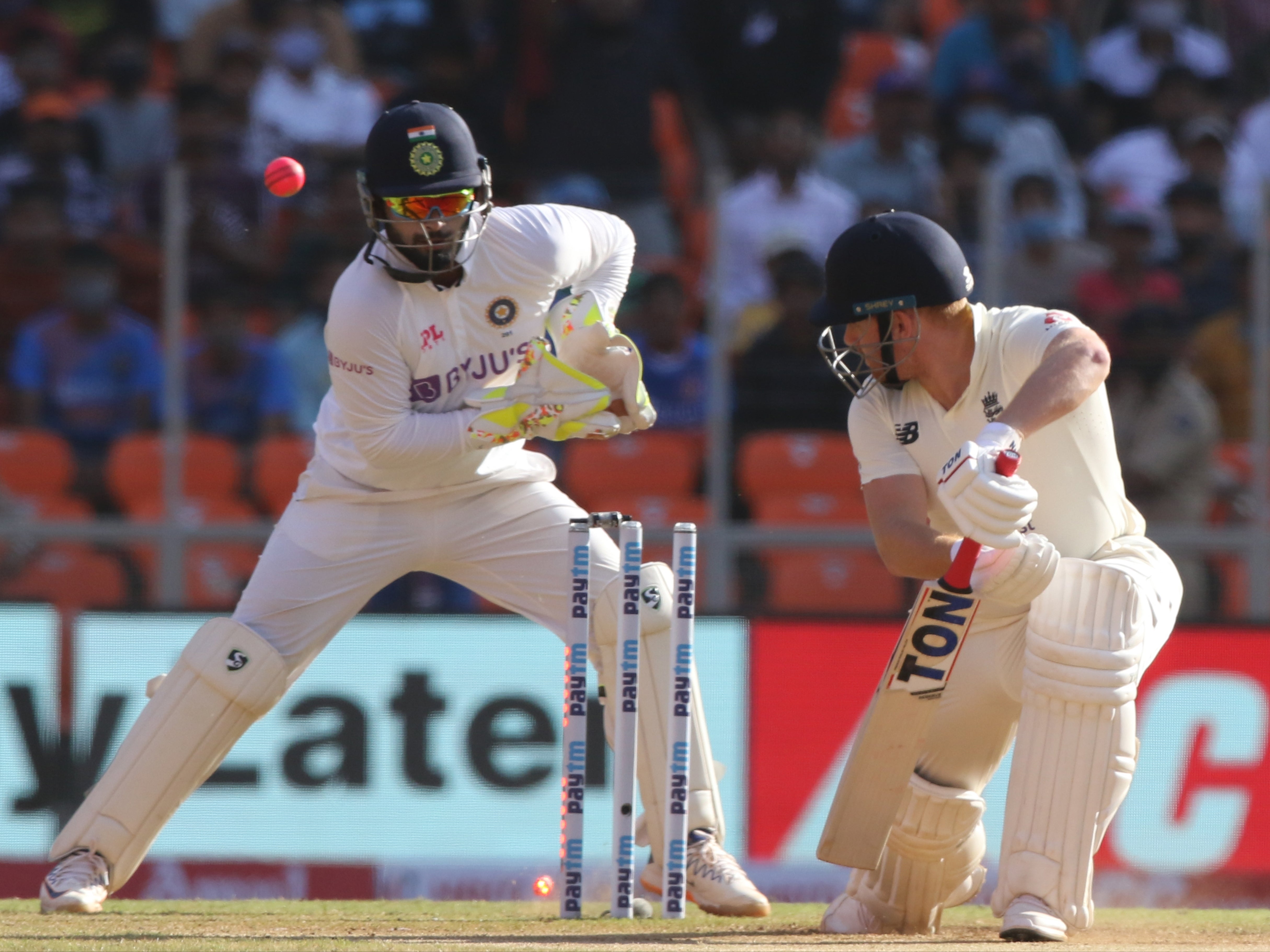 Jonny Bairstow of England is bowled by Axar Patel of India