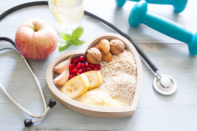 A lifestyle image of healthy food in a heart-shaped bowl