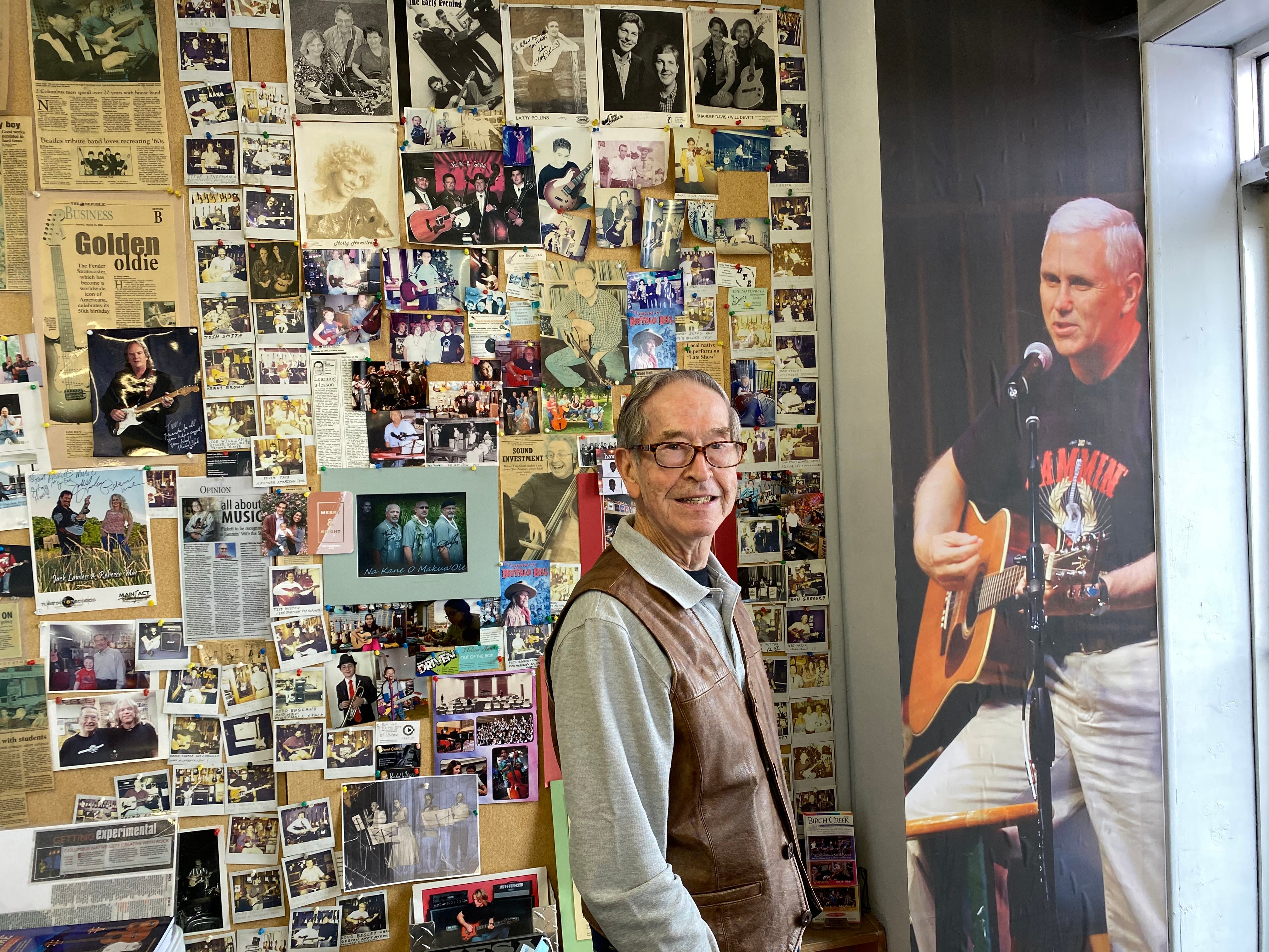 Tom Pickett, who taught Pence how to play the guitar in high school, has a life-size photograph of the former VP in his music shop in Columbus