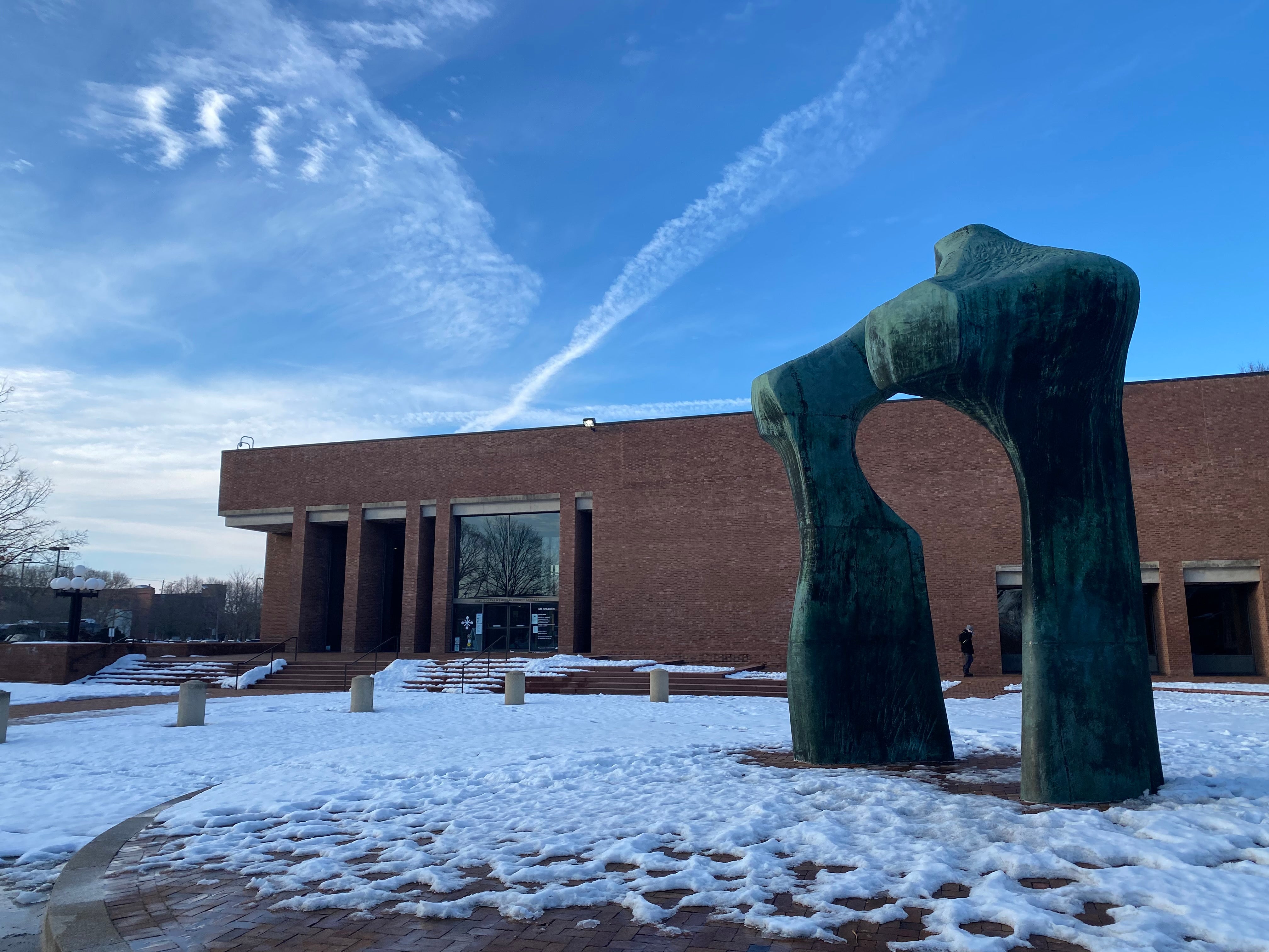 A scultpure by British artist Henry Moore stands in front of a library designed by architect I.M Pei. Columbus is home to many architectural treasures.