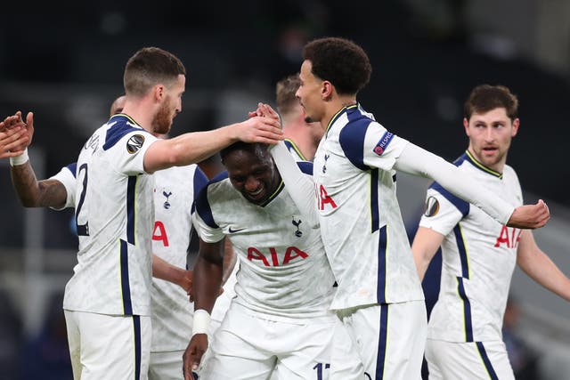 <p>Tottenham players celebrate during their second-leg win over Wolfsberger in the last 32</p>